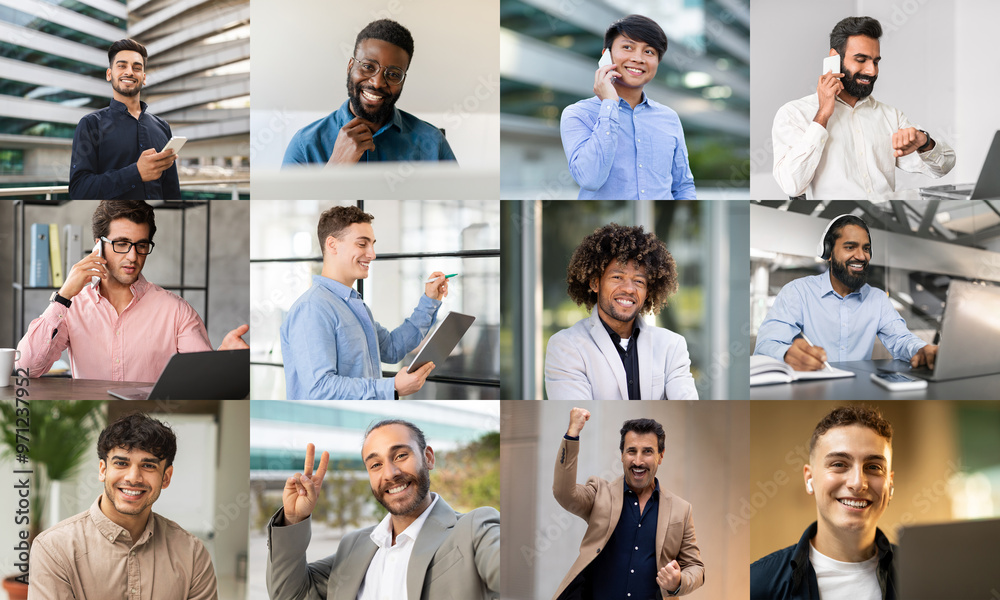 Poster a collection captures young professionals in various engaging activities within a modern office envi
