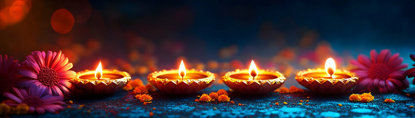 Radiant Floating Diwali Diyas and Rangoli Border Frame with Glowing Highlights � Perfect Copy Space for Festive Personalization