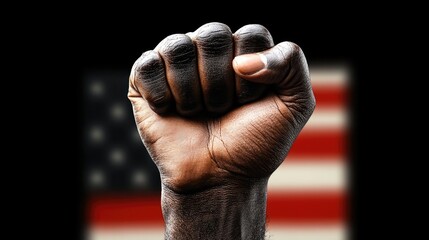 A man's fist against the background of the US flag as a symbol of protest, strike, demonstrations, struggle for rights, strength, victory, independence, fighting for a just cause and patriotism.