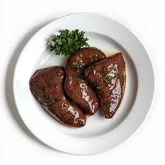 Fototapeta premium Gourmet liver dish with herb garnish on white plate