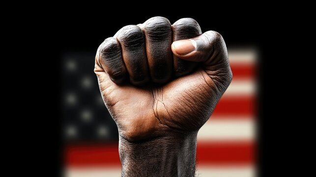 A man's fist against the background of the US flag as a symbol of protest, strike, demonstrations, struggle for rights, strength, victory, independence, fighting for a just cause and patriotism.