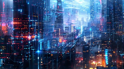 A futuristic cityscape rendered in abstract form, magnified to reveal pixelated textures and a digital matrix that seamlessly integrates with the urban environment.