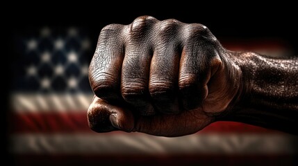 A man's fist against the background of the US flag as a symbol of protest, strike, demonstrations, struggle for rights, strength, victory, independence, fighting for a just cause and patriotism.