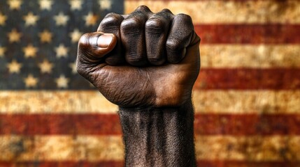 A man's fist against the background of the US flag as a symbol of protest, strike, demonstrations, struggle for rights, strength, victory, independence, fighting for a just cause and patriotism.