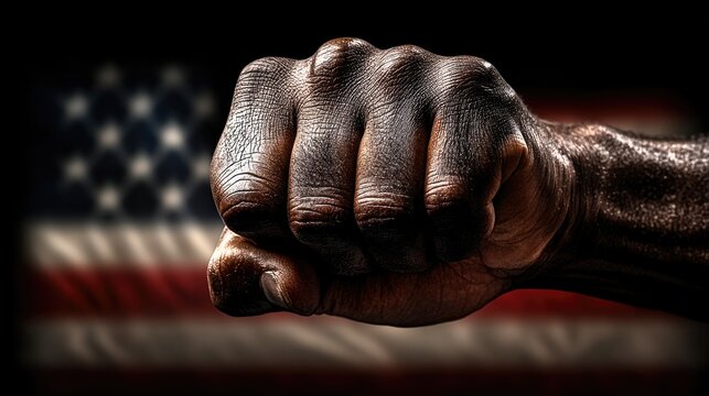 A man's fist against the background of the US flag as a symbol of protest, strike, demonstrations, struggle for rights, strength, victory, independence, fighting for a just cause and patriotism.