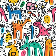 Childlike crayon drawing of imaginative creatures and nature