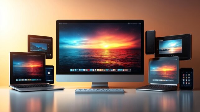 Responsive website design displayed on multiple devices, cross-platform compatibility, modern web development, very realistic
