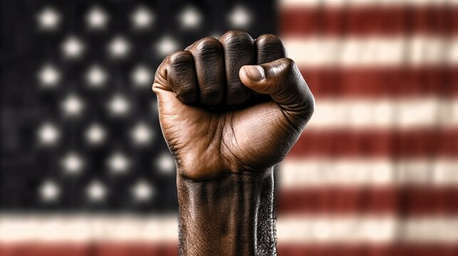A man's fist against the background of the US flag as a symbol of protest, strike, demonstrations, struggle for rights, strength, victory, independence, fighting for a just cause and patriotism.