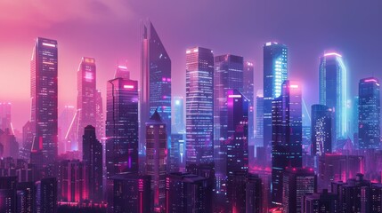 Obraz premium Stunning futuristic skyline illuminated by vibrant neon lights, showcasing modern architecture in a vibrant urban landscape.