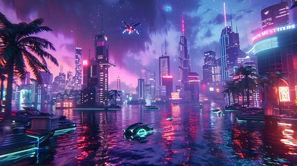 A futuristic island city surrounded by glowing waters, with neon-lit skyscrapers and sleek flying cars soaring between the buildings. Elevated pathways and futuristic architecture blend seamlessly 