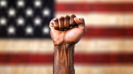 A man's fist against the background of the US flag as a symbol of protest, strike, demonstrations, struggle for rights, strength, victory, independence, fighting for a just cause and patriotism.