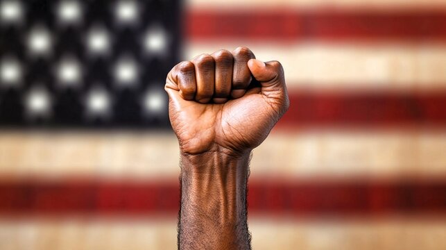 A man's fist against the background of the US flag as a symbol of protest, strike, demonstrations, struggle for rights, strength, victory, independence, fighting for a just cause and patriotism.