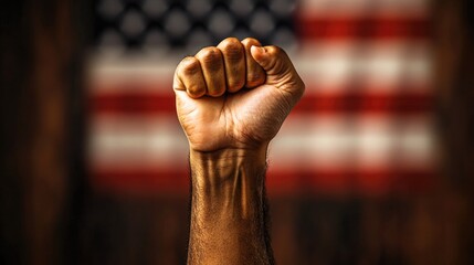 A man's fist against the background of the US flag as a symbol of protest, strike, demonstrations, struggle for rights, strength, victory, independence, fighting for a just cause and patriotism.