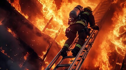 A brave firefighter ascends a ladder into a blazing inferno, showcasing courage and determination in the face of danger.