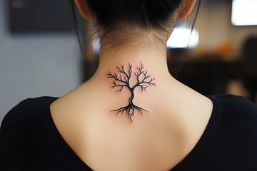 A minimalist tree silhouette tattoo, with bare branches reaching upwards, symbolizing resilience, placed on the spine