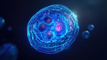 Intricate 3D Rendering of Illuminated Blue Cell Structure with Membrane, Nucleus, and Organelles on Minimalist Background for Scientific Concepts