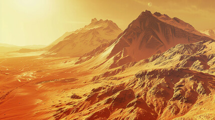 Mars Planet Landscape with Orange Eroded Desert Mountains in 3D Render