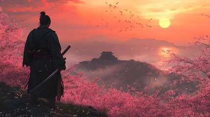 A samurai wielding a katana, standing on a hilltop covered with sakura trees in full bloom, sunset in the background