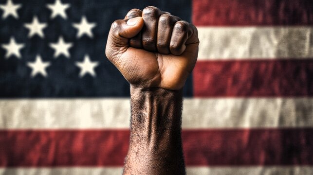 A man's fist against the background of the US flag as a symbol of protest, strike, demonstrations, struggle for rights, strength, victory, independence, fighting for a just cause and patriotism.