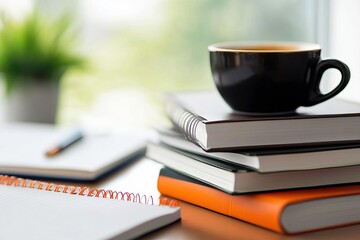 A cozy workspace featuring a stack of books, a cup of coffee, and a notepad, perfect for study or relaxation.