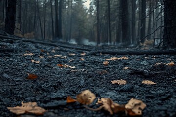 A dark forest scene featuring fallen leaves on the ground, evoking a sense of calm and solitude in nature's embrace.