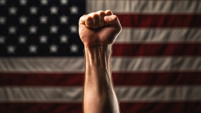 A man's fist against the background of the US flag as a symbol of protest, strike, demonstrations, struggle for rights, strength, victory, independence, fighting for a just cause and patriotism.