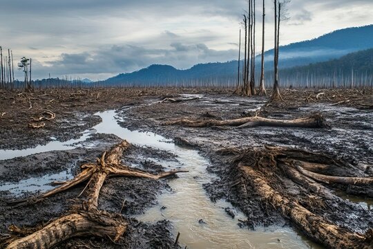 A desolate landscape showcasing deforestation with bare trees and muddy ground under a cloudy sky. Nature's struggle against destruction. - Powered by Adobe