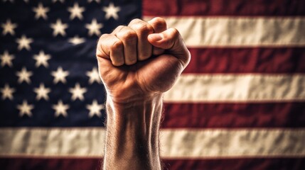 A man's fist against the background of the US flag as a symbol of protest, strike, demonstrations, struggle for rights, strength, victory, independence, fighting for a just cause and patriotism.