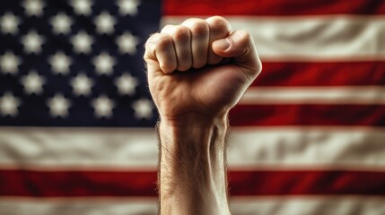 A man's fist against the background of the US flag as a symbol of protest, strike, demonstrations, struggle for rights, strength, victory, independence, fighting for a just cause and patriotism.