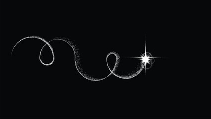 Magic star with dusty tail. Space ship with curved trail in space. Futuristic landscape, with noise texture . Comet with starry sky .Vector illustration