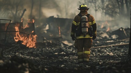 A firefighter stands amidst the aftermath of a devastating fire, showcasing bravery and resilience in the face of destruction.