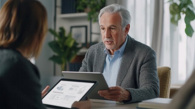 Advisor using a digital tablet to showcase retirement plans to clients, financial consultation session focused on future planning, business wealth strategies