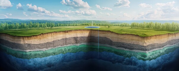 Cross-section illustration of carbon capture and storage processes, layers of earth, underground CO2 storage, corporate environmental strategy