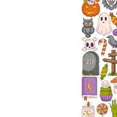 Halloween vector square poster, space for text. Right side frame with spooky, scary colorful icons from pumpkin, ghost, spell book, bat. For card, banner, invitation, social media, party or note