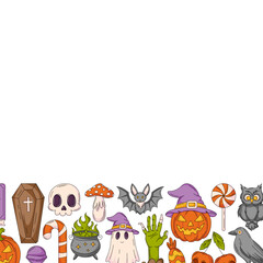Fototapeta premium Halloween vector square poster, space for text. Colorful bottom frame with spooky, scary icons from skull, ghost, pumpkin, sweets, bat. For card, banner, invitation, social media, party or note