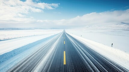 Obraz premium Endless highway stretching across a snow-covered landscape, evoking the solitude of a winter journey, Snowy Highway, Winter Exploration