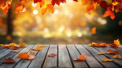 Empty wooden table with autumn background. Wooden table and autumn leaves on abstract bokeh fall background with generative ai