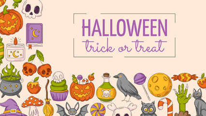 Halloween banner, horizontal background with spooky, scary icons. Flat vector illustration, colorful corner border frame, holiday text. For greeting card, festival, party, invitation, poster or flyer