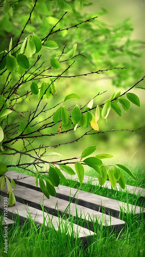 Wall mural green leaves on twigs, sward and wooden planks with green blurry background