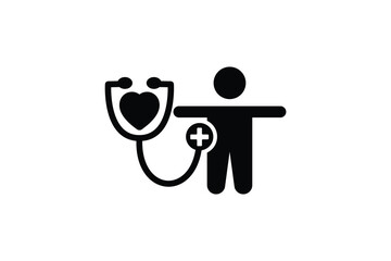 This vector shows a patient figure connected to a stethoscope with a heart icon, symbolizing medical examination, healthcare, or heart health monitoring. Suitable for medical themes.
