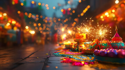 Obraz premium 3D Glossy Festive Market Background: Vibrant Celebration with Sparklers and Rangoli Elements, Glossy Reflections of Festival Items on White Background