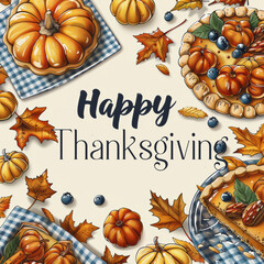 Festive Thanksgiving Greeting with Pumpkin Pies and Autumn Leaves on a Cozy Gingham Tablecloth - A Delightful Celebration of Gratitude and Harvest