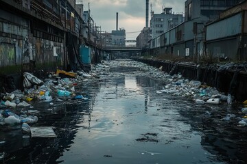 A polluted urban canal filled with trash and debris, reflecting a somber environment under a cloudy sky.