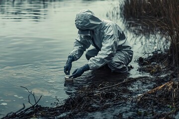 Naklejka premium A scientist in protective gear collects water samples from a polluted shoreline, highlighting environmental research efforts.