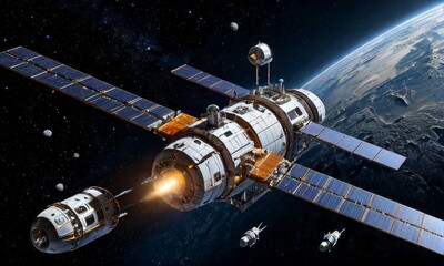 Fototapeta premium Advanced Space Station Orbiting the Moon In Galaxy
