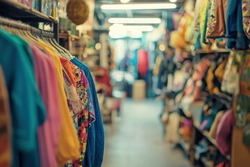 Colorful array of second-hand items at a local charity shop, captured in a blurred, bustling setting.