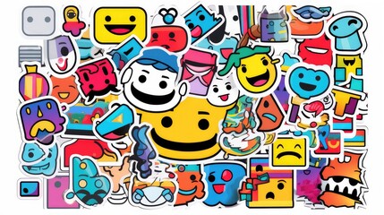 Obraz premium A vibrant collage of playful stickers featuring various cheerful faces, colorful objects, and whimsical designs.