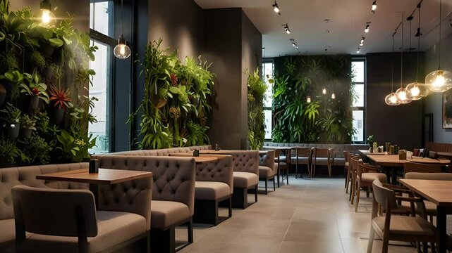 Cafe restaurant with wall decorations full of ornamental plants. Seamless 4K looping timelapse video animation background