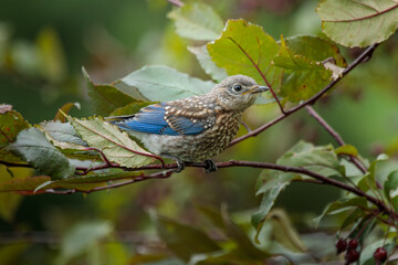 A young Eastern Bluebird perches in the crabapple tree on a late summer day.