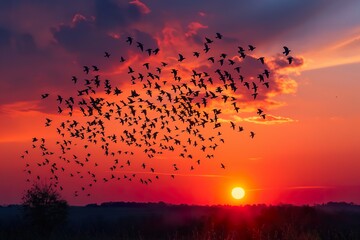 A stunning display of birds takes flight under a vibrant sunset, marking the start of their migration journey.